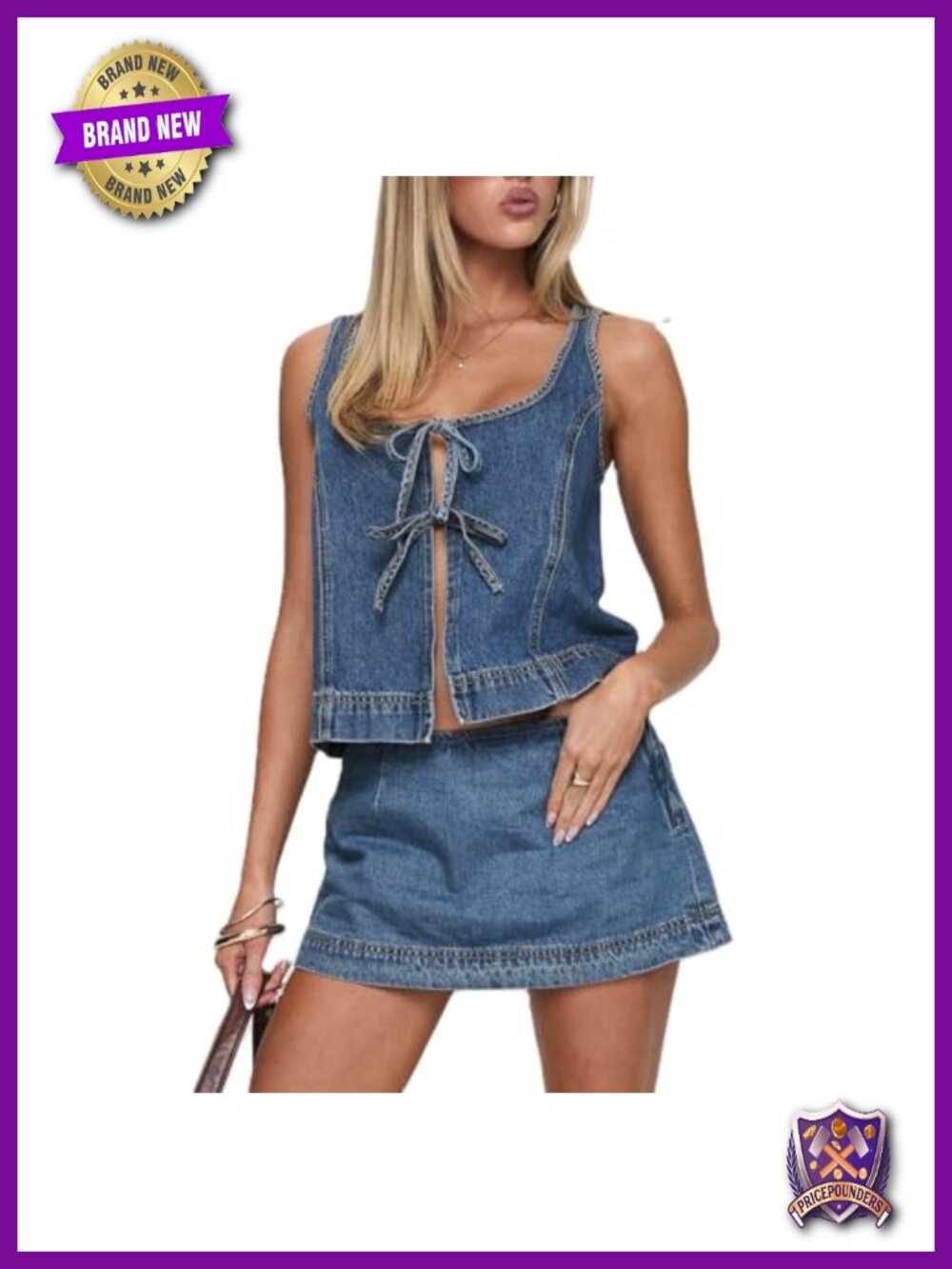 Women's Denim 2-Piece Set Scoop Neck Tank Top & Mini Skirt Polycotton Summer